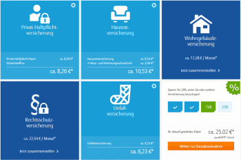 Über den zentralen Konfigurator wählt sich der Kunde seine Versicherungen aus und bekommt die Rabattstaffel angezeigt.