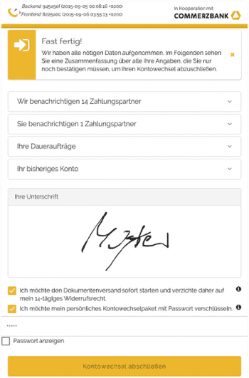 Der Kontoumzug wird mit einer Unterschrift direkt am Smartphone oder Tablet bestätigt.Commerzbank