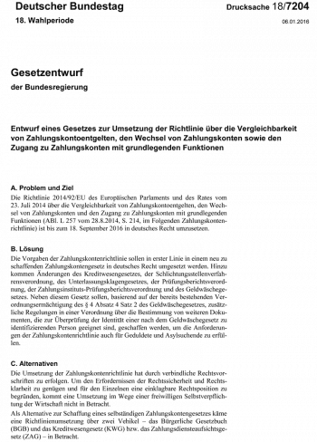 Der 128 Seiten starke Gesetzesentwurf legt unter anderem fest, welche Leistungen Banken bei einem Kontowechsel liefern müssen..bundestag.de