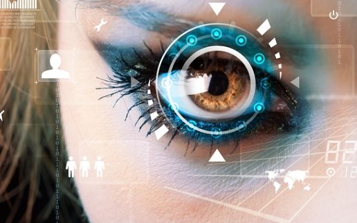 Future woman with cyber technology eye panel concept