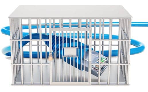Network computer cable lan inside cage, prison cell. 3D rendering