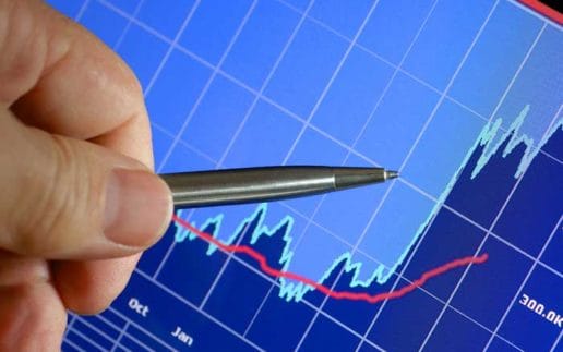 Financial chart on computer monitor market’s climbing hand and pen pointer