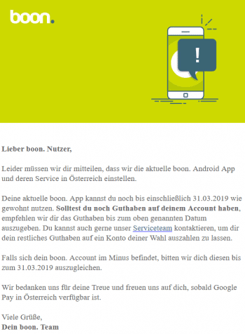 boon - vorläufiger Abschied in Österreich per E-Mail