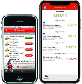 Im Vergleich: Die Sparkassen-App von 2010 (l.) und von heute (r.); Quelle: Star Finanz