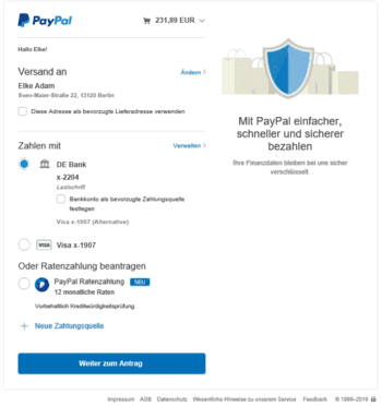 Ratenzahlung / Ratenkredit via Paypal