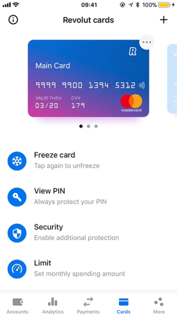 Im Notfall, etwa bei einem Phishing-Raubzug, lässt sich die Karte aus der App heraus schnell „einfrieren“. <q>Revolut