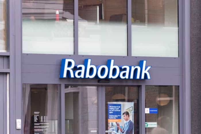 Amsterdam, Netherlands - June 7, 2019: Rabobank sign. Rabobank is a Dutch multinational banking and financial services company.