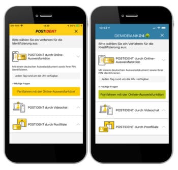 Statt in eine eigene Postident-App zu wechseln (links) kann nun die Identifizierung nahtlos innerhalb der App-Anwendung – beispielsweise einer Bank – erfolgen. <Q>Deutsche Post