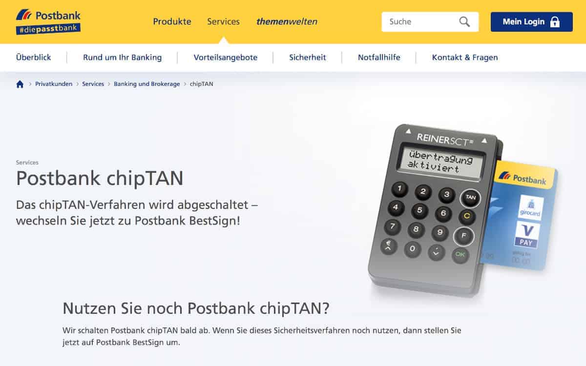 Per Web und über eine direkte Kundenansprache informiert die Postbank über das Ende der chipTAN-Authentifizierung. <Q>Postbank