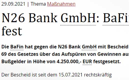 N26: 50 verspätete Verdachtsmeldungen = 4,25 Mio. EUR Geldbußen