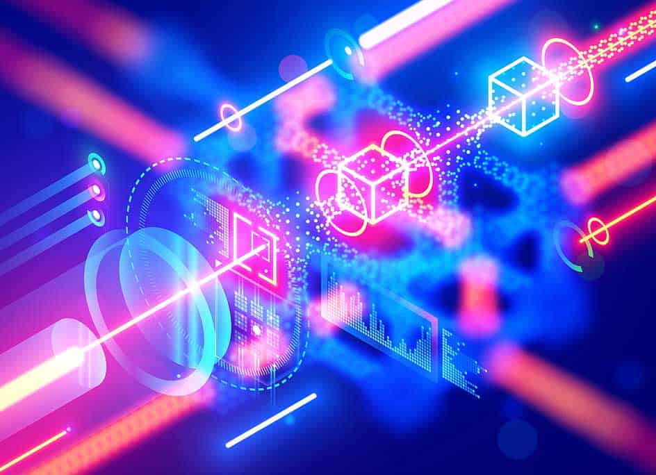 Quantum computing. Close up of optical cpu process light signal. Quantum computer of glowing qubits. Laser ray signal transmitting digital signal in chip or processor. Abstract technology background.