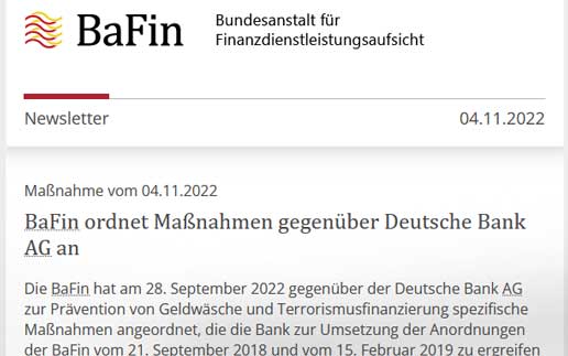 BaFin fordert von Deutscher Bank mehr Anstrengungen gegen Geldwäsche