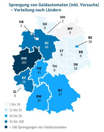 Drei Bundesländer sind in besonderem Maße von Geldautomatensprengungen betroffen. <Q>BKA