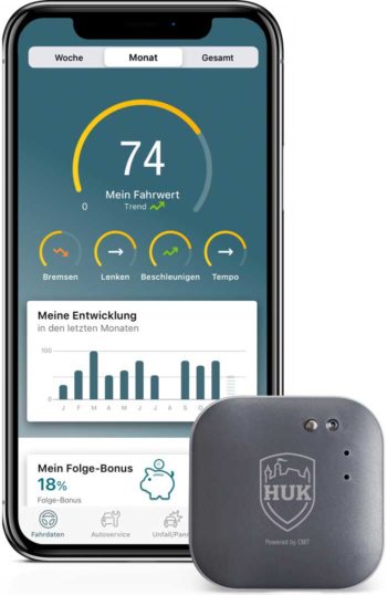 So sieht die App „MeinAuto“ aus, die die Fahrdaten mithilfe des abgebildeten Sensors erfasst. Sie gibt auch gleich den Bonus hinsichtlich der Versicherungsprämie an. <q>HUK Coburg