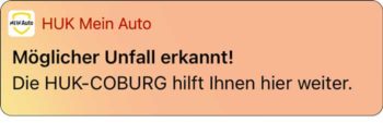 Die App „MeinAuto“  kann weitere Aufgaben erfüllen, so etwa einen Notruf absetzen oder einen Unfall bzw. Schaden melden. „Entwarnung“ ist immer positiv.  ((230314_Telematik Mein Auto5.png)) © HUK Coburg