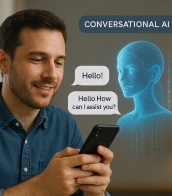 Das Bild zeigt einen Mann, der lächelnd auf sein Smartphone blickt. Neben ihm ist eine holographische Darstellung einer weiblichen Figur zu sehen, die mit ihm interagiert. Die Figur stellt die Frage: „Hello, how can I assist you?“ und der Mann antwortet mit „Hello!“. Dieses Szenario verdeutlicht den Einsatz von Conversational AI in der Kundenkommunikation, was eine moderne Alternative zu traditionellen Callcentern darstellt.