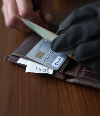 Eine Hand mit einem schwarzen Handschuh hält eine Bankkarte, während sie aus einem Geldbeutel entnommen wird. Im Geldbeutel sind weitere Karten sichtbar - und die PIN. Die Situation verdeutlicht potenzielle Risiken im Umgang mit Bankkarten und Geheimnummern.