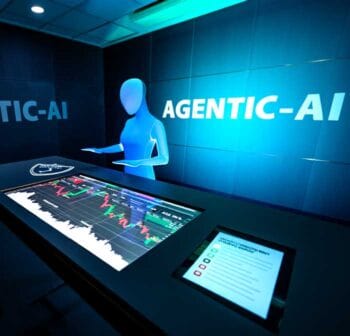 Das Bild zeigt eine futuristische Umgebung mit der Bezeichnung „AGENTIC-AI“ an der Wand. Im Vordergrund befindet sich ein interaktiver Tisch, der Finanzdaten in Form von Diagrammen und Grafiken anzeigt. Eine stilisierte, humanoide Figur steht am Tisch und interagiert mit den Daten. Die Darstellung vermittelt den Einsatz von Agentic AI im Bereich des automatisierten Handels und der Datenanalyse im FinTech-Sektor.