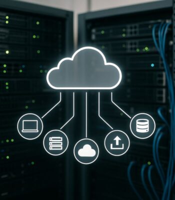 Das Bild zeigt eine grafische Darstellung eines Cloud-Computing-Systems. Im Vordergrund ist eine stilisierte Wolke abgebildet, die mit verschiedenen Symbolen verbunden ist, darunter ein Laptop, ein Server, eine weitere Wolke und eine Datenbank. Im Hintergrund sind Serverracks sichtbar, die durch grüne und blaue Lichter beleuchtet werden. Diese Darstellung verdeutlicht die digitale Transformation, die UniCredit durch die Kooperation mit Google Cloud vorantreibt.