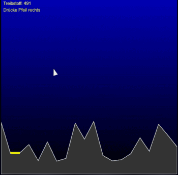 Das Bild zeigt eine grafische Benutzeroberfläche eines Spiels, in dem ein weißes Dreieck, das ein Raumschiff darstellt, über eine hügelige Landschaft navigiert. Im oberen Bereich sind Informationen über den Treibstoff (491) und eine Anweisung („Drücke Pfeil rechts“) zu sehen. Die Landschaft besteht aus spitzen, grauen Formen, die eine Herausforderung für das Raumschiff darstellen. Dieses Bild könnte als „Lander“-Easteregg interpretiert werden, da es an klassische Landespiele erinnert.