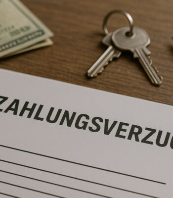 Das Bild zeigt einen Tisch mit einem Dokument, auf dem das Wort „ZAHLUNGSVERZUG“ in großen Buchstaben hervorgehoben ist. Daneben liegen zwei Schlüssel und einige Geldscheine. Diese Darstellung könnte im Kontext des NPL-Marktes relevant sein, da sie auf finanzielle Verpflichtungen und mögliche Zahlungsausfälle hinweist. Die Anordnung der Objekte vermittelt eine formale und geschäftliche Atmosphäre.