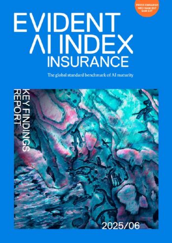 Die Abbildung zeigt das Cover des Evident AI Index Insurance Berichts 2025/06. Die grafische Gestaltung kombiniert lebendige Farben und abstrakte Muster. Ein Klick bringt Sie zur Studie, die den globalen Benchmark für KI-Reife im Versicherungssektor darstellt.