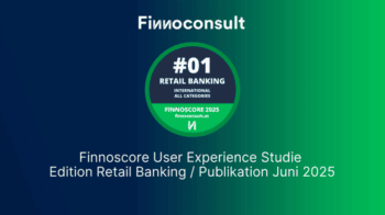 Die Abbildung präsentiert das Logo der Finnoscore User Experience Studie, die im Juni 2025 veröffentlicht wird. Die Studie thematisiert unter anderem Punkte zur Barrierefreiheit im Retail Banking und hebt die internationale Rangliste hervor.