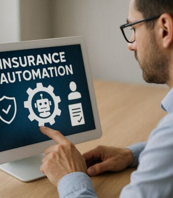 Ein Mann interagiert mit einem Computerbildschirm, auf dem das Thema „Insurance Automation“ dargestellt ist. Symbole für Sicherheit, Automatisierung und Benutzerinteraktion sind sichtbar. Diese Darstellung reflektiert die Innovationskraft von Smart InsurTech im Versicherungssektor.
