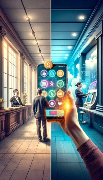 Das Bild illustriert einen Kontrast zwischen traditionellen Bankdienstleistungen und modernen Self-Service-Angeboten. Links ist eine Bankmitarbeiterin zu sehen, während rechts ein Kunde ein Smartphone mit digitalen Funktionen nutzt, um auf Self-Service-Optionen zuzugreifen.