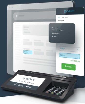 Die Abbildung zeigt ein modernes Zahlungsterminal von Payjunction, das Transaktionen über digitale Zahlungsmethoden wie G Pay und Apple Pay ermöglicht. Auf dem Bildschirm sind Transaktionsdetails und ein Betrag von 250,99 USD sichtbar.