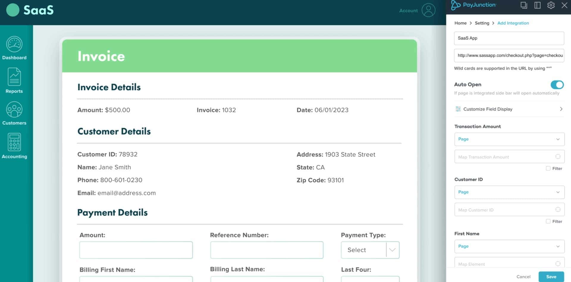 Die Abbildung zeigt eine Benutzeroberfläche einer Softwarelösung für Sprachzahlungen. Wichtige Informationen wie Rechnungsdetails, Kundendaten und Zahlungsoptionen sind strukturiert dargestellt. Die Integration von Payjunction wird hervorgehoben, um die Zahlungsabwicklung zu optimieren.