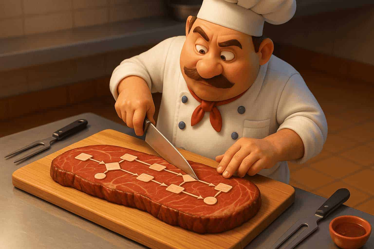 Ein Koch in traditioneller Uniform schneidet ein großes Stück Fleisch auf einem Holzbrett. Auf dem Fleisch sind grafische Symbole abgebildet, die Prozesse darstellen. Die Umgebung ist eine professionelle Küche mit metallischen Oberflächen und Kochutensilien.