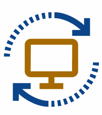 Grafik des Konzern Versicherungskammer die zwei blaue Pfeile darstellt, die auf weißem Hintergrund um einen abstrahierten PC kreisen.