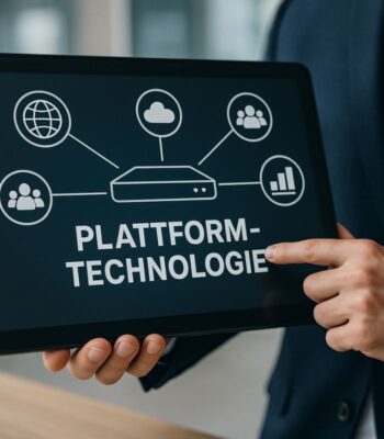 Eine Person hält ein Tablet, auf dem der Begriff „PLATTFORM-TECHNOLOGIE“ hervorgehoben ist. Um den zentralen Begriff sind verschiedene Symbole angeordnet, die Netzwerke, Cloud-Dienste, Benutzergruppen und Datenanalysen darstellen.