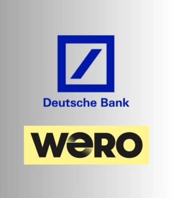 Das Bild zeigt die Logos von Wero und Deutsche Bank. Das Logo der Deutschen Bank ist in Blau und befindet sich über dem Logo von Wero, das auf einem gelben Hintergrund dargestellt ist.