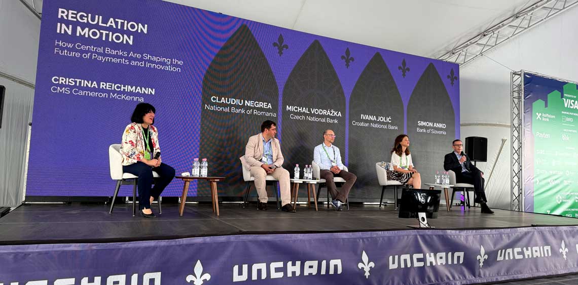 Auf dem UNCHAIN Festival diskutieren Expert:innen, darunter Cristina Reichmann von CMS Cameron McKenna und Vertreter:innen nationaler Banken, über die Rolle von Zentralbanken in der Zukunft von Zahlungen und Innovation.