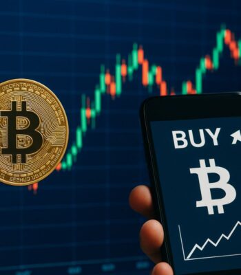 Eine Bitcoin-Münze wird neben einem Smartphone dargestellt, auf dessen Bildschirm die Aufforderung „BUY“ und ein aufsteigendes Diagramm zu sehen ist. Diese Darstellung verdeutlicht den aktuellen Trend im Kryptohandel und die zunehmende Integration in Finanzdienstleistungen.