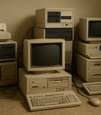 Eine Ansammlung veralteter Computer und Peripheriegeräte ist abgebildet. Diese Legacy-Systeme verdeutlichen die Herausforderungen, die Unternehmen bei der IT-Modernisierung bewältigen müssen. Ihre Präsenz kann die Fortschritte in der digitalen Transformation hemmen.