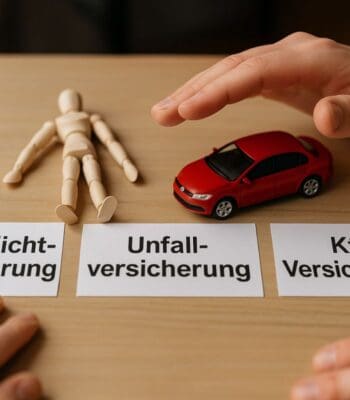 Auf einer Tischoberfläche sind drei Karten mit den Aufschriften „Haftpflichtversicherung“, „Unfallversicherung“ und „Kfz-Versicherung“ angeordnet. Ein Holzfigur und ein rotes Spielzeugauto sind ebenfalls sichtbar. Diese Darstellung könnte im Kontext der SHUK-Versicher