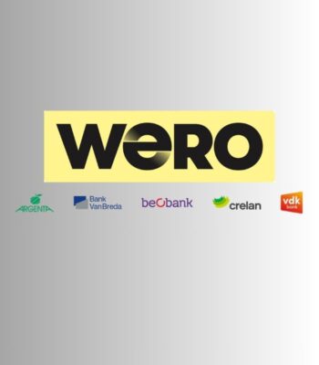 Das Bild präsentiert das Logo von Wero, umgeben von den Logos fünf belgischer Banken: Argenta, Bank Van Breda, beobank, Crelan und vdk bank. Diese Banken haben sich Wero angeschlossen, um ihre Dienstleistungen zu erweitern.