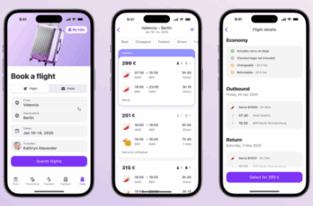 Vivid Flights Interface Beispiele die zeigen, wie Geschäftskunden in der App Flüge buchen können.
