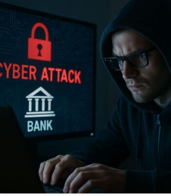 Ein Mann in einem Kapuzenpullover sitzt vor einem Laptop. Auf dem Bildschirm ist die Aufschrift „CYBER ATTACK“ sowie ein Symbol einer Bank zu sehen. Die Szene vermittelt eine angespannte Atmosphäre, die auf einen Cyber-Angriff hinweist.