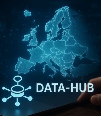 Eine digitale Darstellung von Europa ist abgebildet, ergänzt durch das Symbol eines Datenraums. Der Begriff „DataHub Europe“ ist prominent platziert. Die Grafik vermittelt einen technologischen Fokus auf Datenmanagement und -vernetzung in Europa.