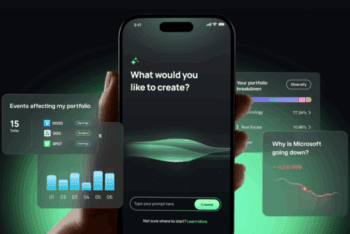 eToro AI Tools Visualisierung auf einem Smartphone umgeben von Graphiken, die das Investieren in Aktien symbolisieren sollen.
