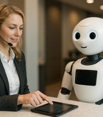 Eine Frau mit Headset interagiert mit einem humanoiden Roboter, der neben ihr steht. Auf einem Tisch liegt ein Tablet, das die beiden nutzen. Diese Szene verdeutlicht die Anwendung einer KI-Plattform zur Automatisierung komplexer Serviceprozesse.