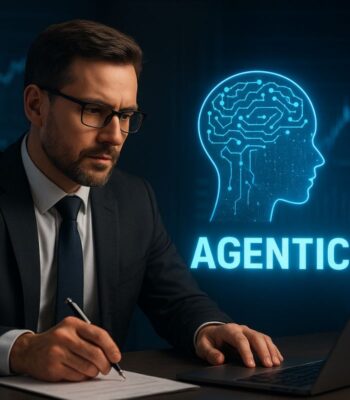 Ein Mann in Anzug und Brille arbeitet konzentriert an einem Laptop. Neben ihm ist eine grafische Darstellung eines Kopfes mit Schaltkreisen und dem Schriftzug „AGENTIC AI“ zu sehen, was auf die Integration von KI in die Finanzbranche hinweist.
