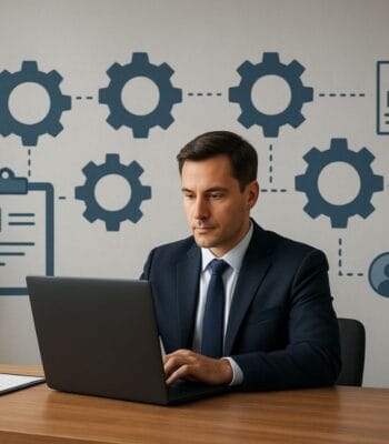 Ein Mann in einem Anzug arbeitet konzentriert an einem Laptop. Im Hintergrund sind grafische Darstellungen von Zahnrädern und Dokumenten zu sehen, die auf Prozessoptimierung hinweisen. Camunda wird zur Unterstützung des tschechischen Versicherers Kooperativa eingesetzt.