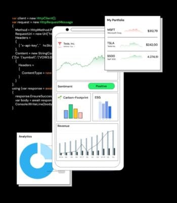 Die Abbildung zeigt eine mobile Benutzeroberfläche mit Finanzdaten, einschließlich Portfolioübersicht und Analysen zu Unternehmen wie Tesla und Microsoft. Tradegate wird durch die Integration von KI in die Finanzanalyse hervorgehoben. Grafiken visualisieren Sentiment, Carbon-Footprint und Umsatz.