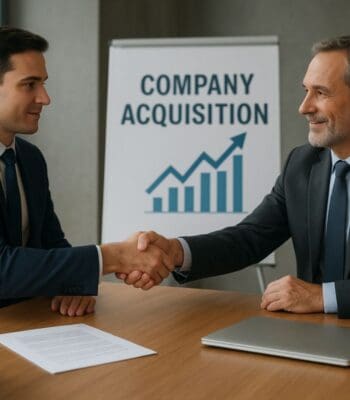 Zwei Geschäftsleute führen einen Handschlag durch, während im Hintergrund ein Plakat mit der Aufschrift „COMPANY ACQUISITION“ und einem Diagramm zu sehen ist. Diese Szene symbolisiert die Übernahme von abaQon durch die Eraneos-Gruppe.