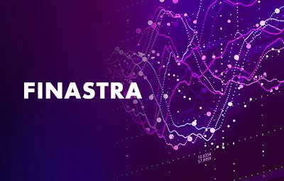 Die Grafik präsentiert eine dynamische Darstellung von Datenvisualisierungen in einem digitalen Kontext. Farbige Linien und Punkte symbolisieren komplexe Finanzdaten, während der Schriftzug "FINASTRA" prominent hervorgehoben wird.